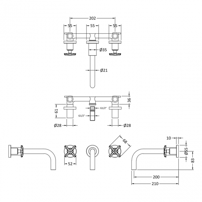 Nuie Aztec 3-Hole Wall Mounted Basin Mixer Tap - Brushed Brass