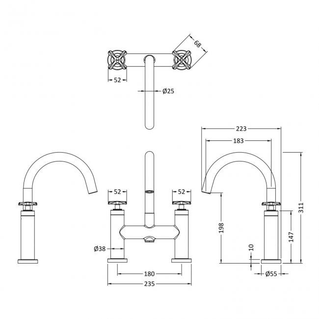 Nuie Aztec Pillar Mounted Bath Filler Tap - Brushed Brass