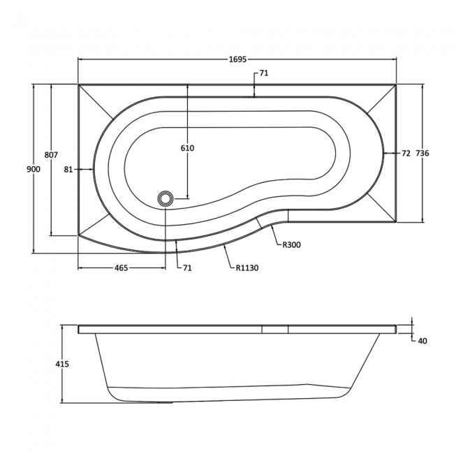 Nuie B-Shaped Shower Bath with Front Panel and Screen 1700mm x 735mm/900mm - Left Handed