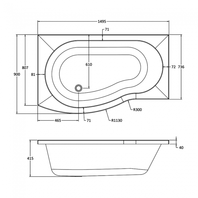 Nuie B-Shaped Shower Bath with Front Panel and Screen 1500mm x 735mm/900mm - Left Handed