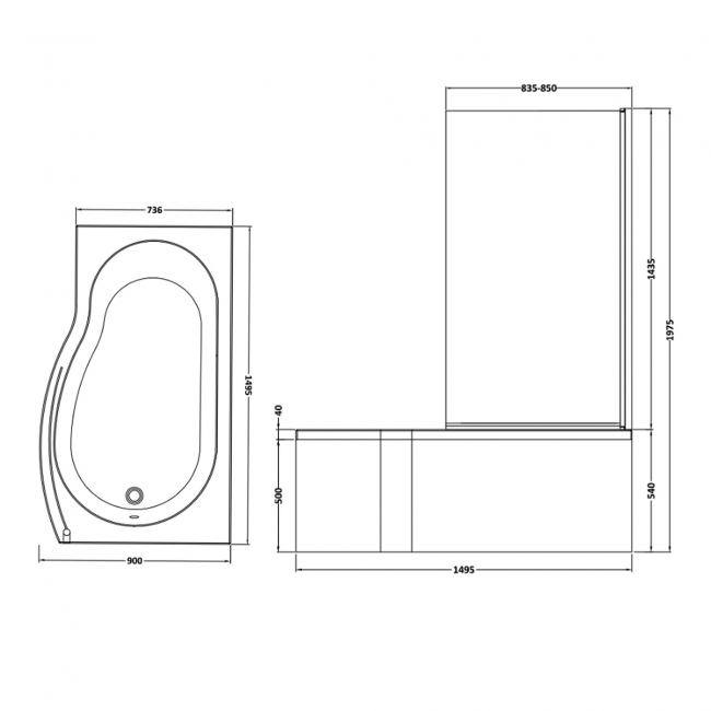 Nuie B-Shaped Shower Bath with Front Panel and Screen 1500mm x 735mm/800mm Right Handed - Acrylic