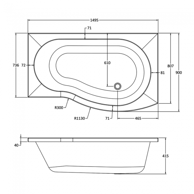Nuie B-Shaped Shower Bath with Front Panel and Screen 1500mm x 735mm/900mm - Right Handed