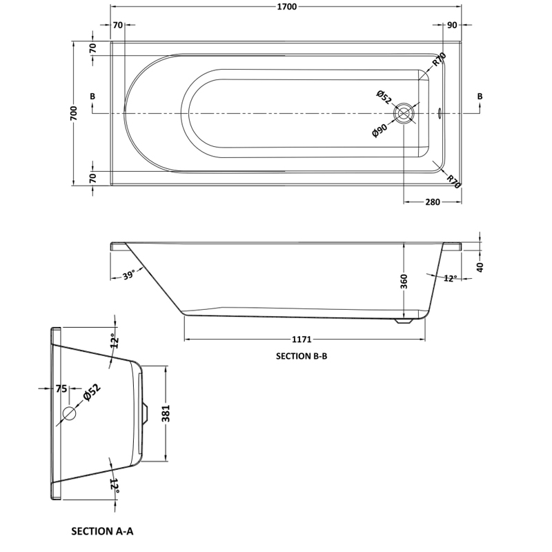 Nuie Barmby Round Single Ended Rectangular Bath 1700mm x 700mm - Eternalite Acrylic (inc Leg Set)