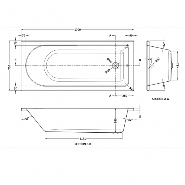 Nuie Barmby Round Single Ended Rectangular Bath 1700mm x 750mm - Eternalite Acrylic (inc Leg Set)