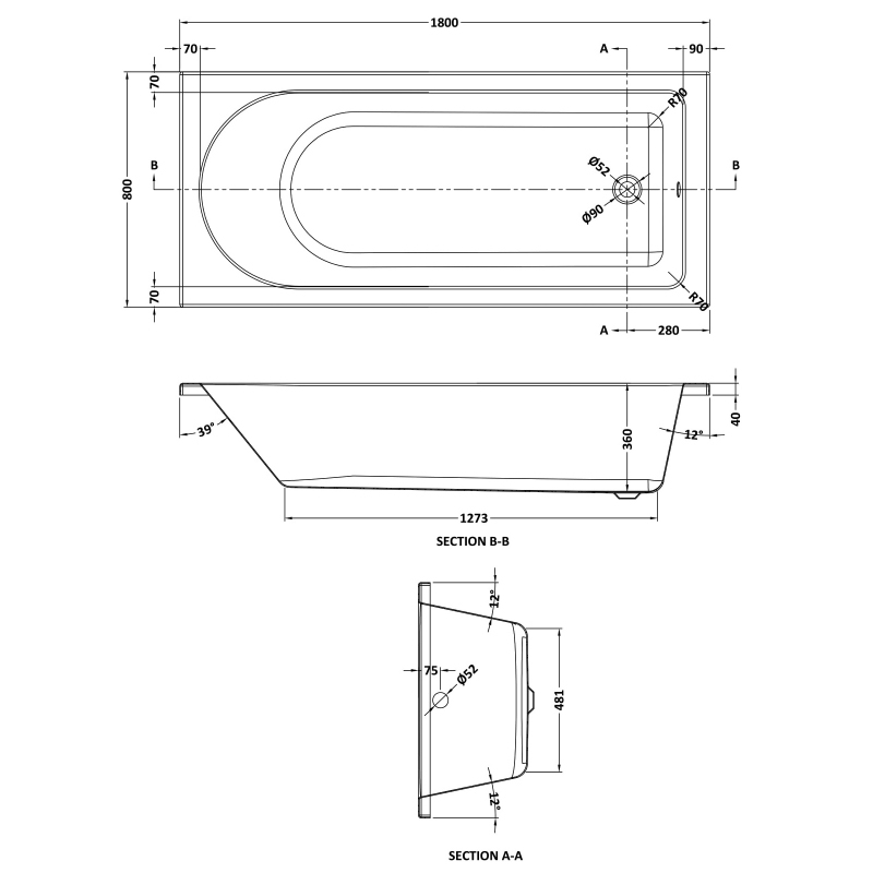 Nuie Barmby Round Single Ended Rectangular Bath 1800mm x 800mm - Eternalite Acrylic (inc Leg Set)