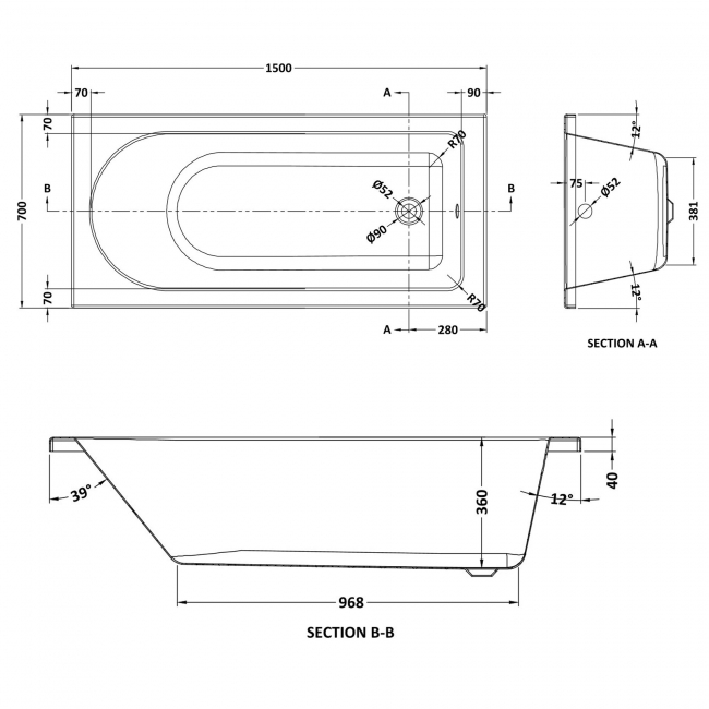 Nuie Barmby Single Ended Rectangular Bath 1500mm x 700mm - Acrylic (inc Leg Set)