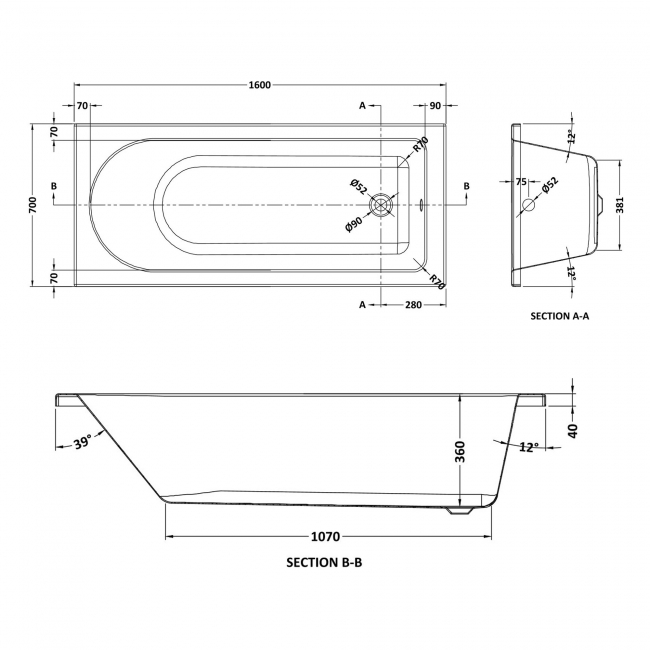 Nuie Barmby Single Ended Rectangular Bath 1600mm x 700mm - Acrylic (inc Leg Set)