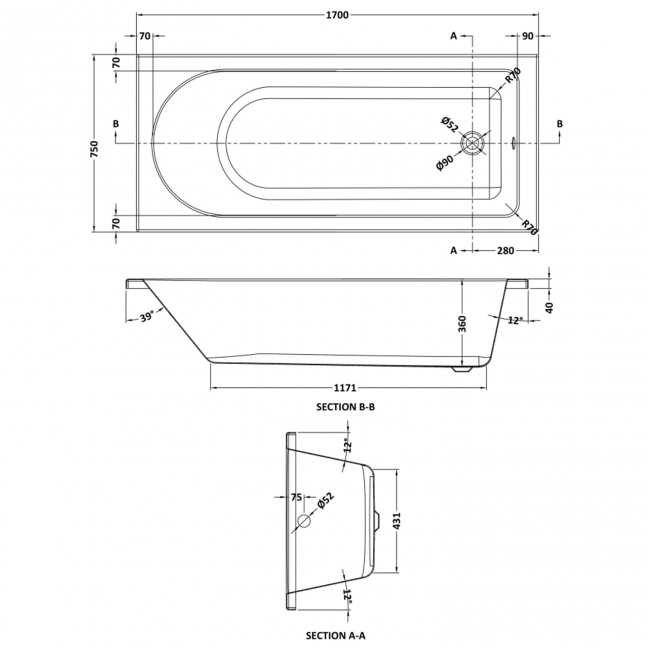 Nuie Barmby Single Ended Rectangular Bath 1700mm x 750mm - Acrylic (inc Leg Set)