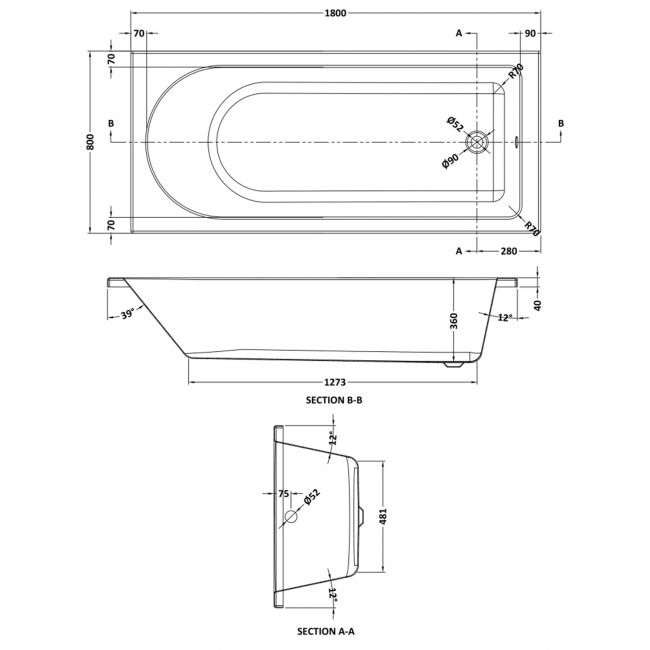 Nuie Barmby Single Ended Rectangular Bath 1800mm x 800mm - Acrylic