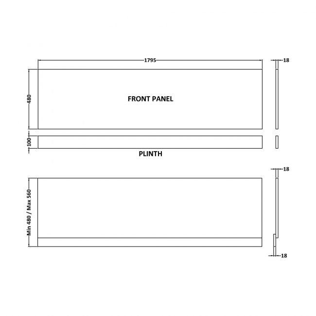 Nuie Waterproof Bath Front Panel and Plinth 480mm H x 1800mm W - Gloss White