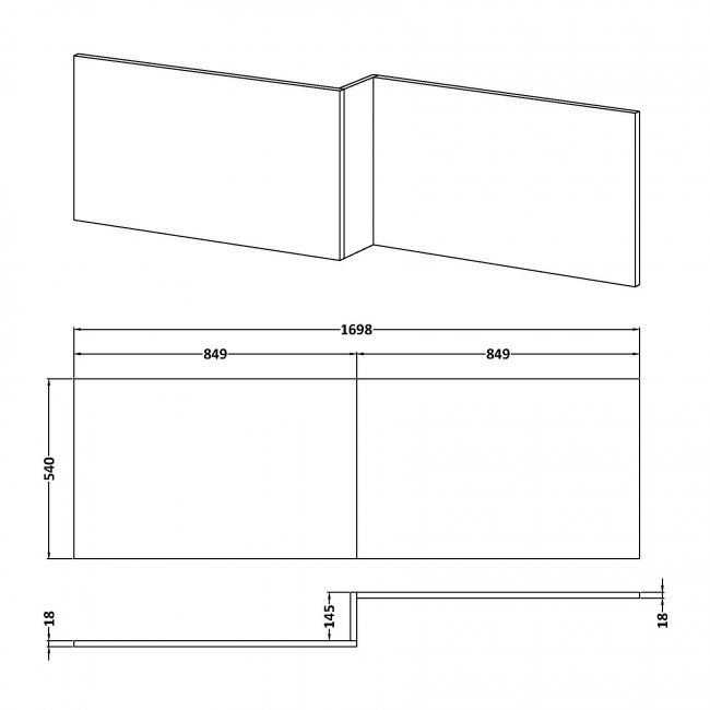Nuie L-Shaped Bath Front Panel 540mm H x 1700mm W - Gloss White  | Dimension Image