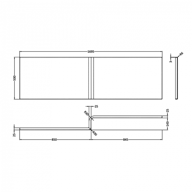 Nuie L-Shaped Shower Bath Front Panel 500mm H x 1700mm W - Acrylic
