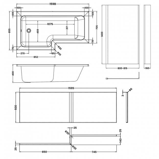 Nuie Square L-Shaped Shower Bath with Front Panel and Screen 1600mm x 700mm/850mm - Left Handed