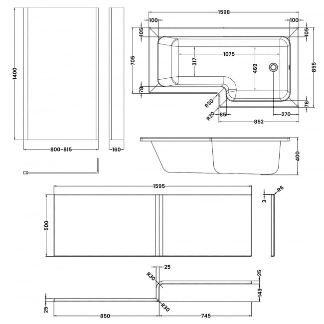 Nuie Square L-Shaped Shower Bath with Front Panel and Screen 1600mm x 700mm/850mm - Right Handed