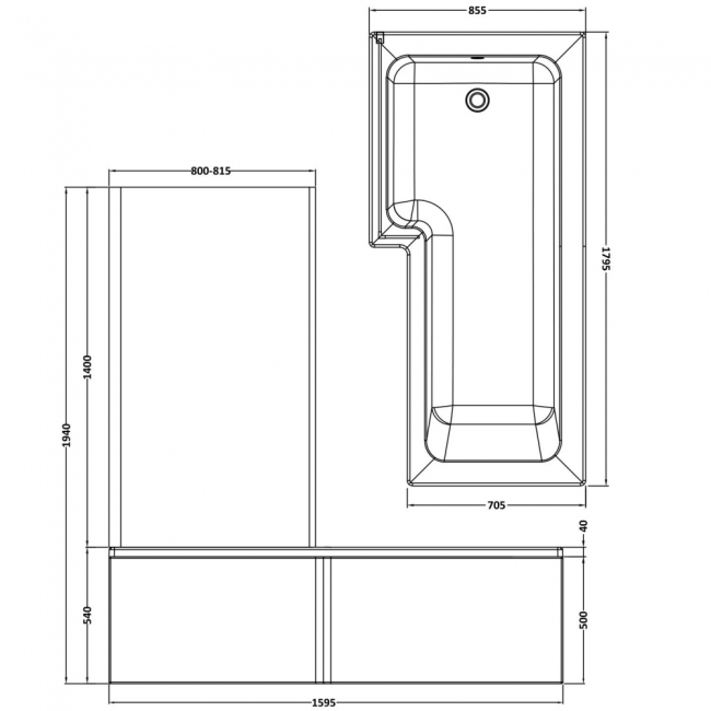 Nuie Square L-Shaped Shower Bath with Front Panel and Screen 1800mm x 700mm/850mm - Left Handed