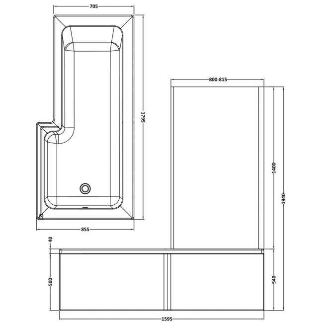 Nuie Square L-Shaped Shower Bath with Front Panel and Screen 1800mm x 700mm/850mm - Right Handed