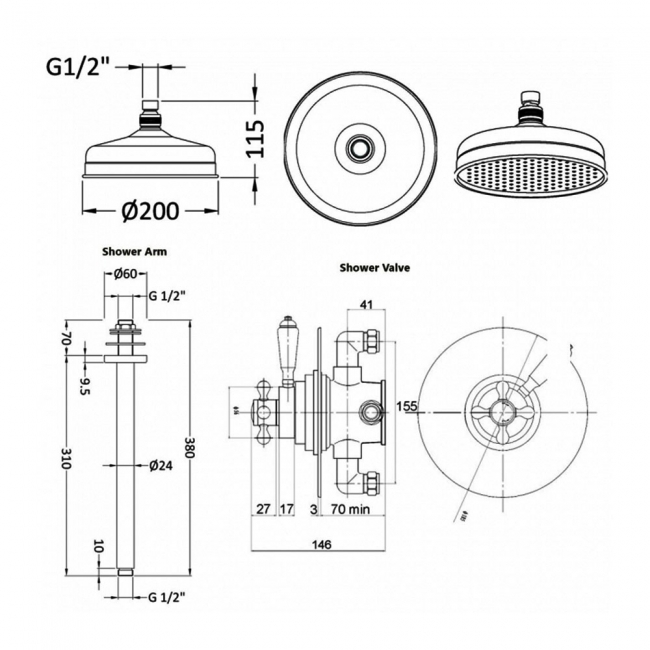 Nuie Beaumont Dual Concealed Mixer Shower Valve with Fixed Head  | Dimension Image