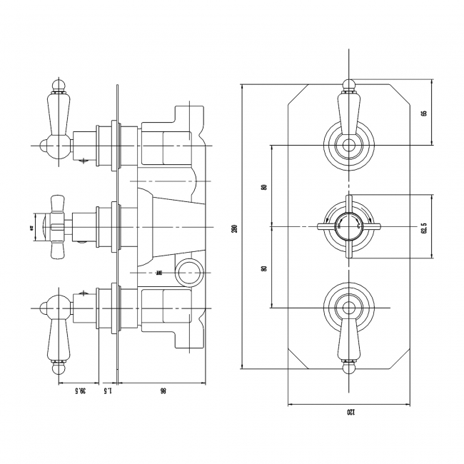 Nuie Beaumont Traditional Concealed Shower Valve Triple Handle - Chrome
