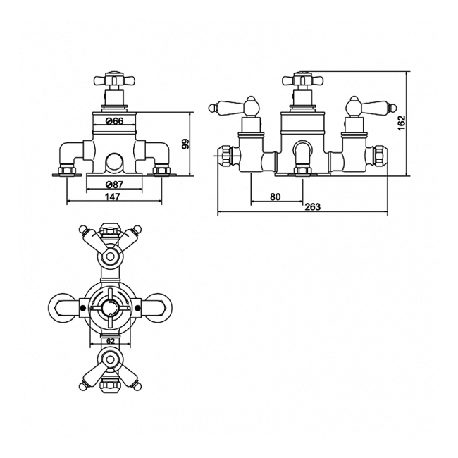 Nuie Beaumont Traditional Exposed Shower Valve Triple Handle - Chrome  | Dimension Image