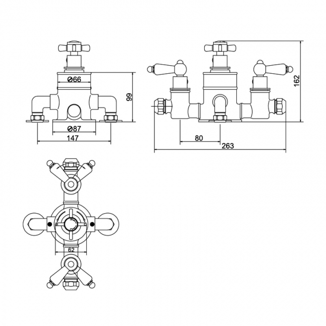 Nuie Beaumont Traditional Exposed Shower Valve Triple Handle - Chrome