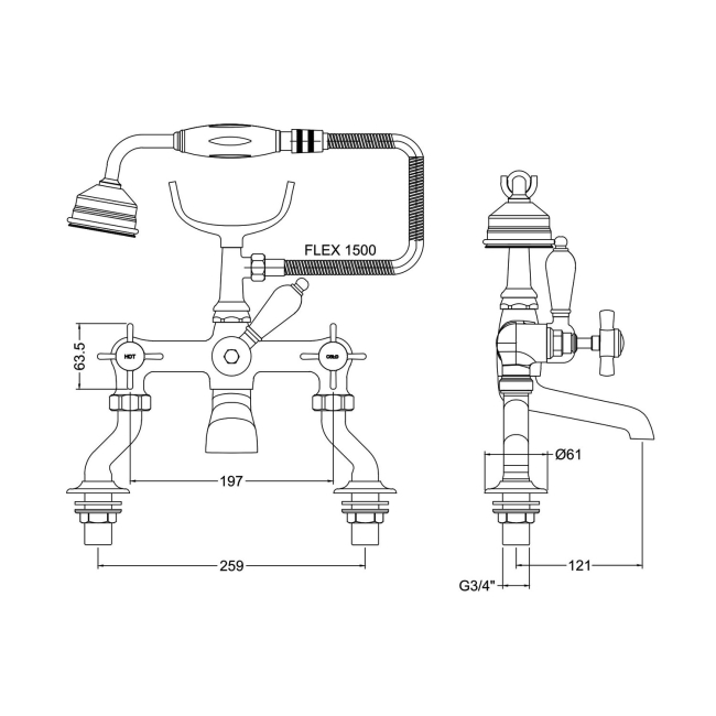 Nuie Beaumont Luxury Cranked Bath Shower Mixer Tap Deck Mounted - Chrome  | Dimension Image