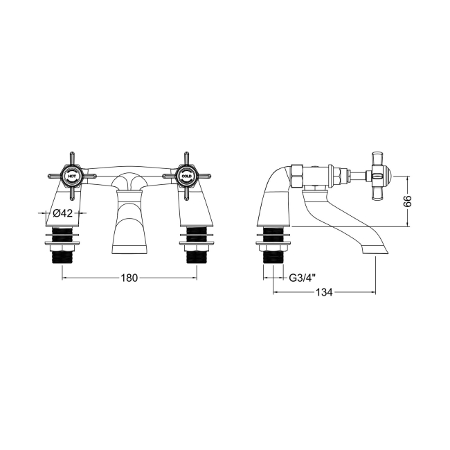 Nuie Beaumont Bath Filler Tap Pillar Mounted - Chrome  | Dimension Image