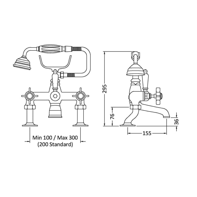 Nuie Beaumont Luxury Cranked Bath Shower Mixer Tap Deck Mounted - Chrome  | Dimension Image