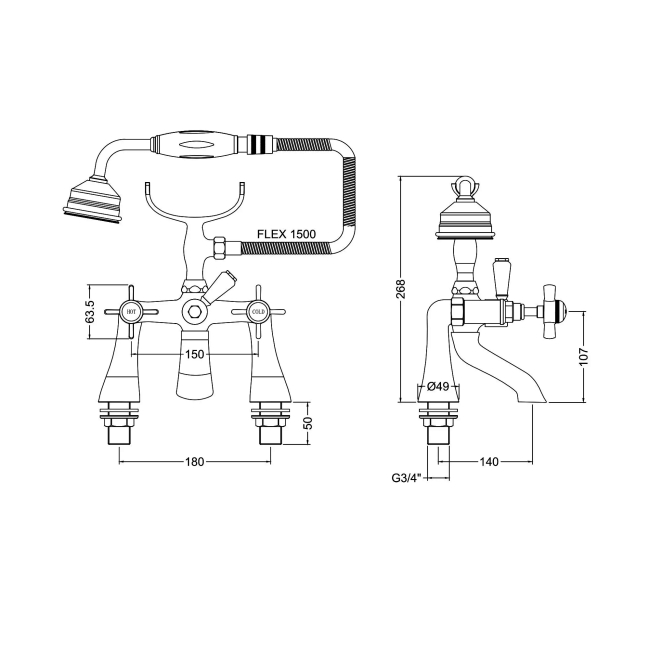 Nuie Beaumont 1/2 Bath Shower Mixer Tap Pillar Mounted - Chrome  | Dimension Image