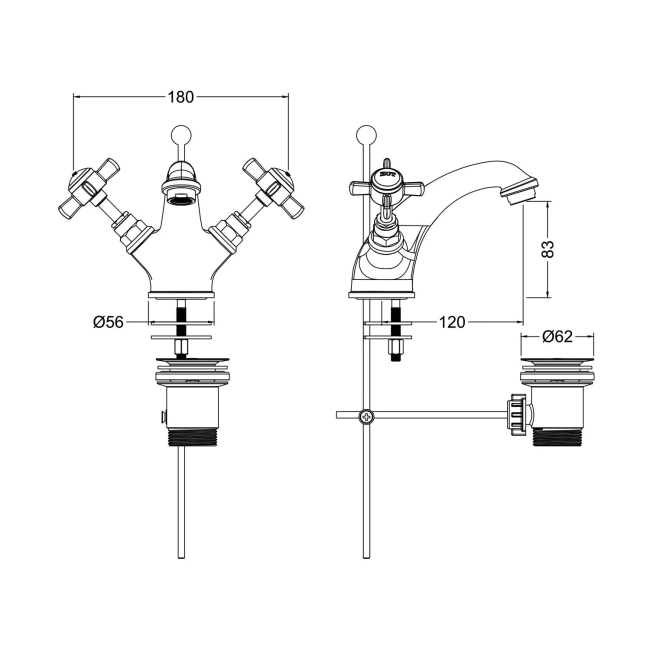 Nuie Beaumont Luxury Mono Basin Mixer Tap Dual Handle with Pop Up Waste - Chrome  | Dimension Image