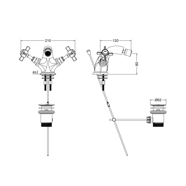 Nuie Beaumont Luxury Mono Bidet Mixer Tap with Waste Dual Handle - Chrome  | Dimension Image