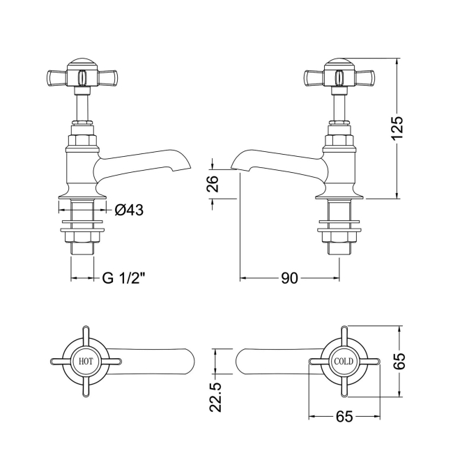 Nuie Beaumont Basin Taps Pair - Chrome  | Dimension Image
