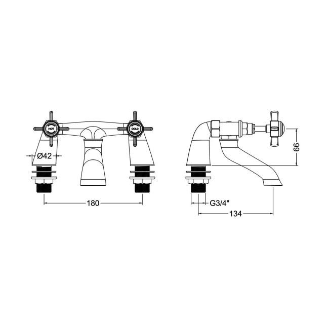 Nuie Beaumont Bath Filler Tap Pillar Mounted - Chrome  | Dimension Image