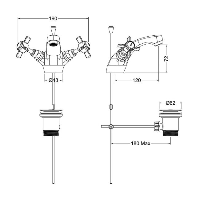 Nuie Beaumont Mono Basin Mixer Tap Dual Handle with Pop Up Waste - Chrome  | Dimension Image