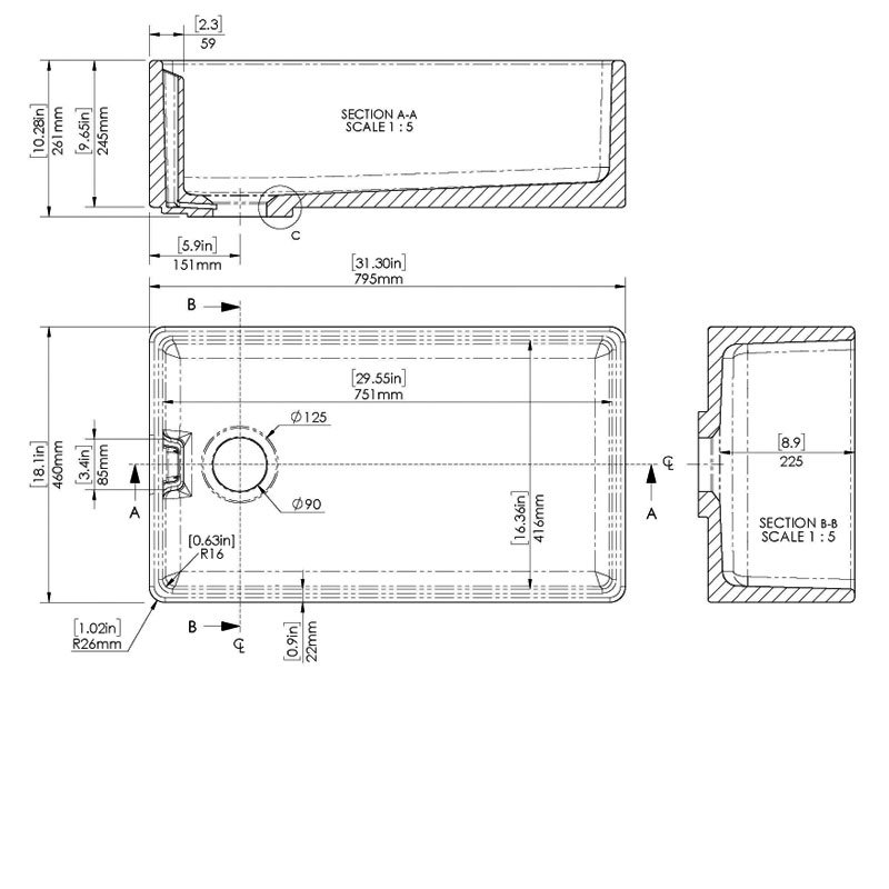 Nuie Belfast Fireclay Kitchen Sink 1.0 Bowl 795mm L x 460mm W - White