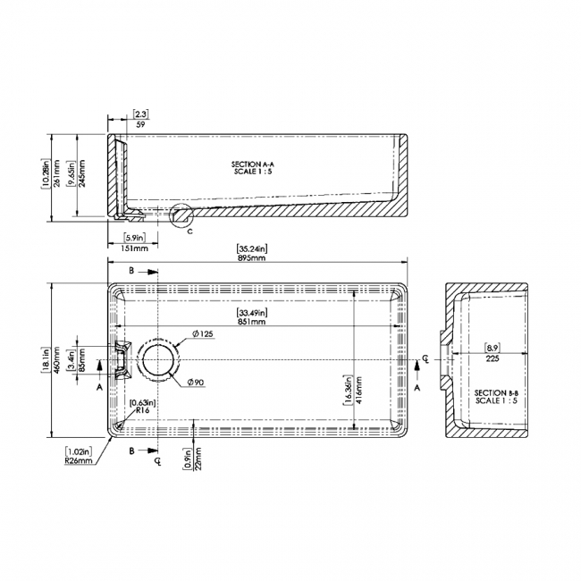 Nuie Belfast Fireclay Kitchen Sink 1.0 Bowl 895mm L x 460mm W - White