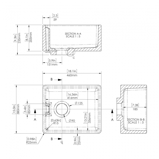 Nuie Belfast Fireclay Kitchen Sink 1.0 Bowl 460mm L x 380mm W - White