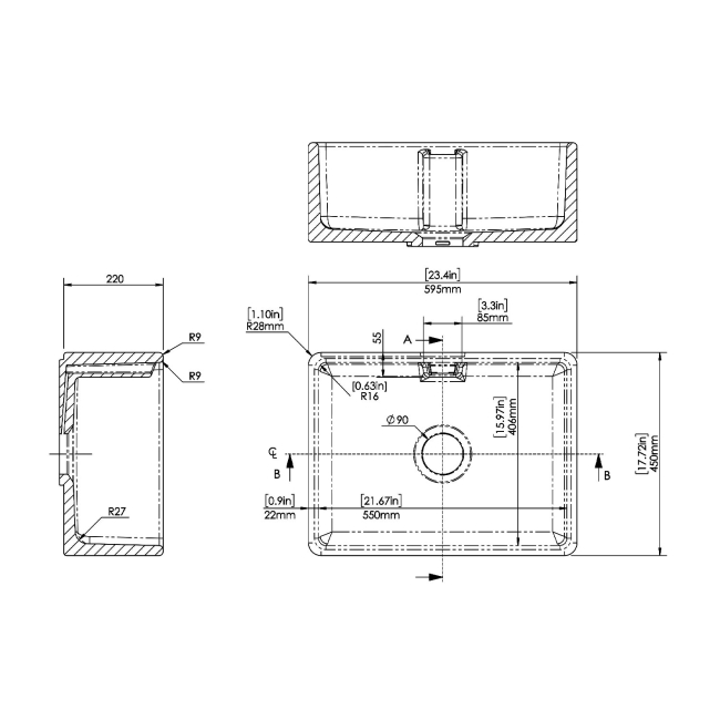 Nuie Belfast Fireclay Kitchen Sink 1.0 Bowl with Overflow 595mm L x 450mm W - White  | Dimension Image