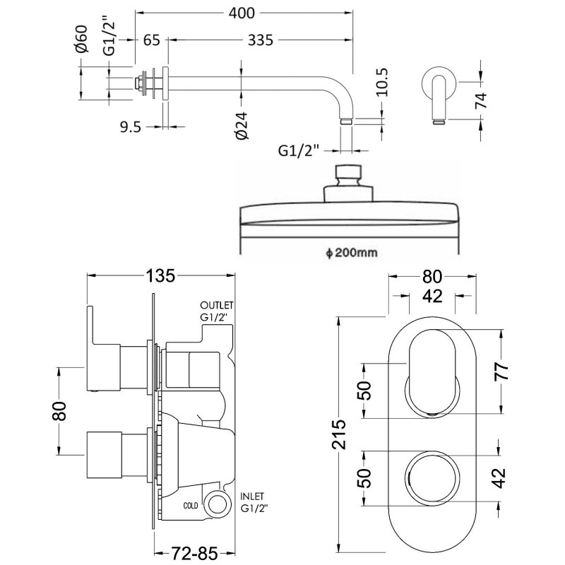 Nuie Binsey Twin Round Thermostatic Concealed Shower Valve with Fixed Head and Arm - Chrome