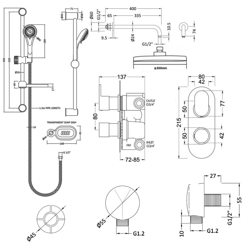 Nuie Binsey Twin Thermostatic Concealed Complete Mixer Shower with Diverter - Chrome