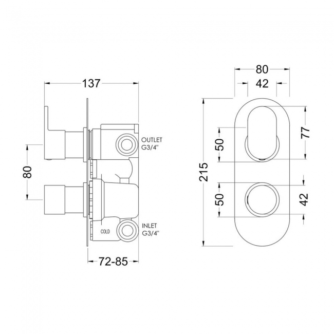 Nuie Binsey Thermostatic Concealed Shower Valve with Diverter Dual Handle - Chrome