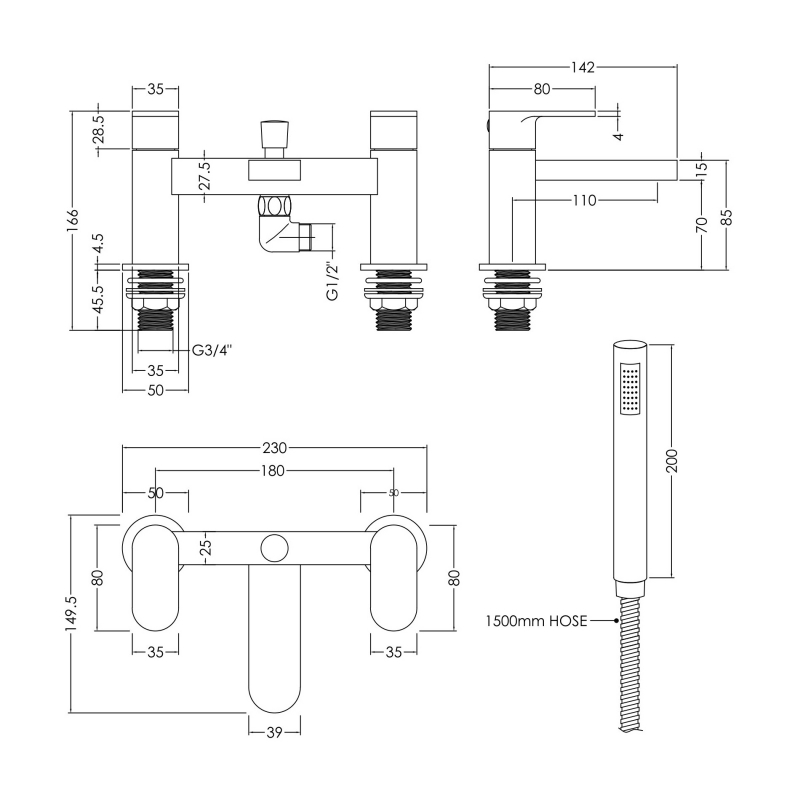 Nuie Binsey Pillar Mounted Bath Shower Mixer Tap with Shower Kit - Chrome