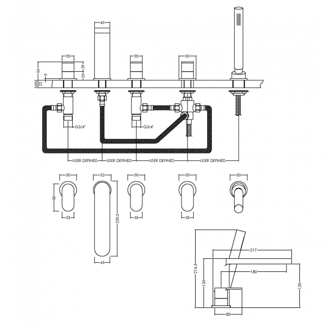 Nuie Binsey 5-Hole Pillar Mounted Bath Shower Mixer Tap - Chrome