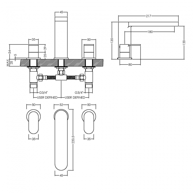 Nuie Binsey 3-Hole Deck Mounted Bath Filler Tap - Chrome