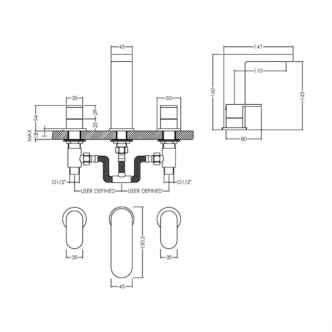 Nuie Binsey 3-Hole Basin Mixer Tap with Pop-Up Waste - Chrome