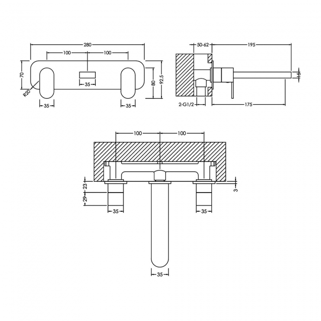 Nuie Binsey 3-Hole Wall Mounted Basin Mixer Tap with Plate - Chrome