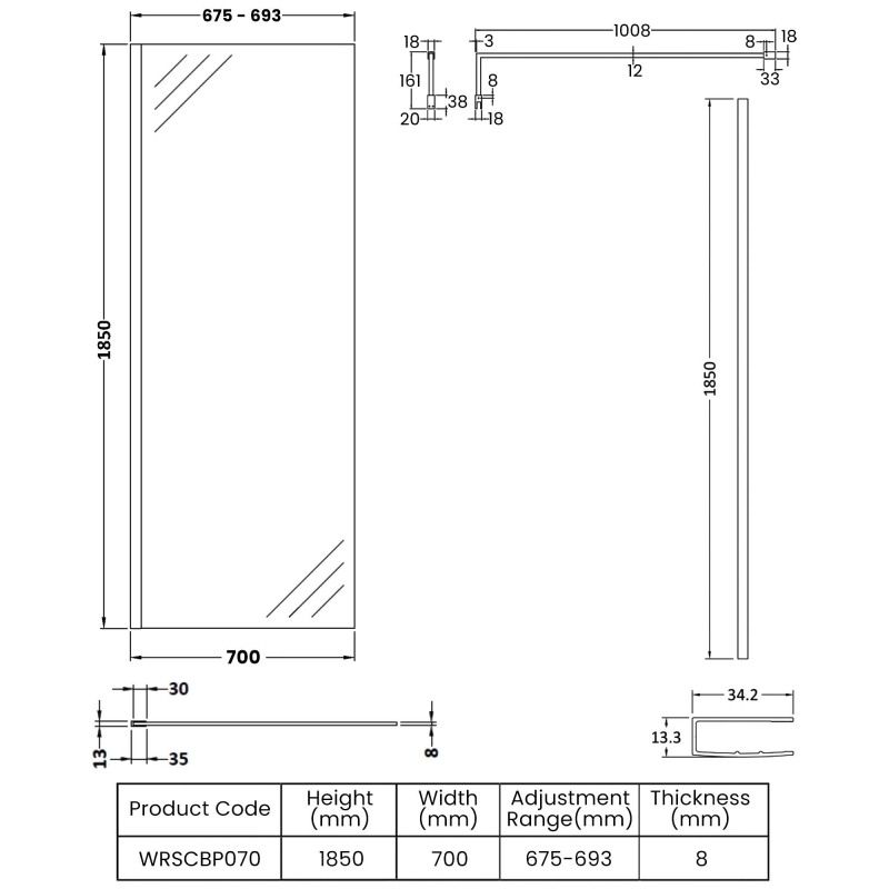Nuie Wet Room Screen 1850mm High x 700mm Wide with Support Bar 8mm Glass - Matt Black