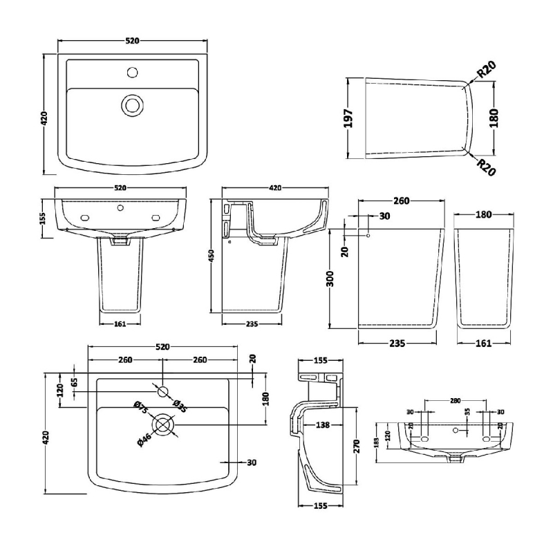 Nuie Bliss Basin and Semi Pedestal 520mm Wide - 1 Tap Hole
