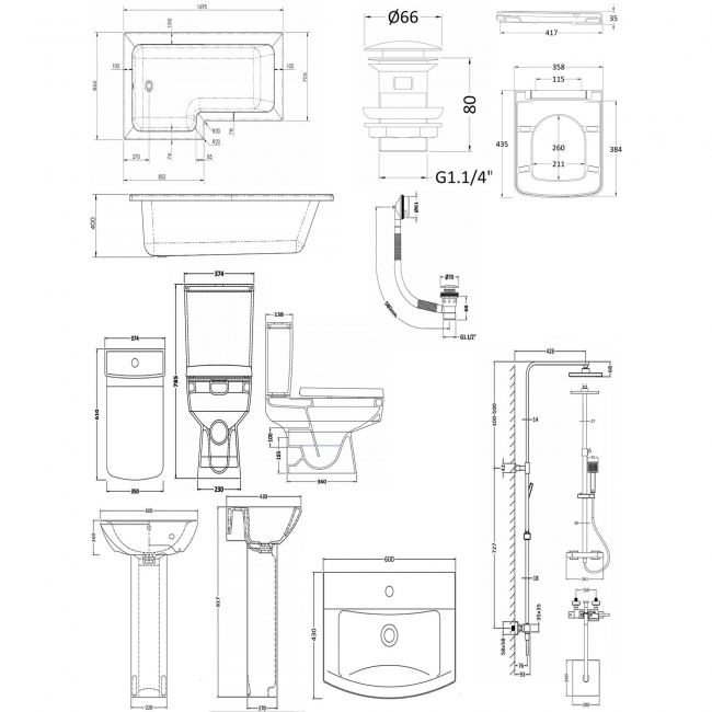 Bliss Complete Bathroom Suite with 1700mm x 850mm RH L-Shaped Shower Bath