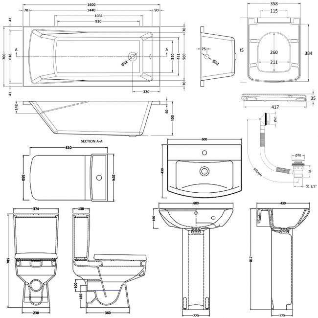 Bliss Complete Bathroom Suite with 1600mm x 700mm Single Ended Bath