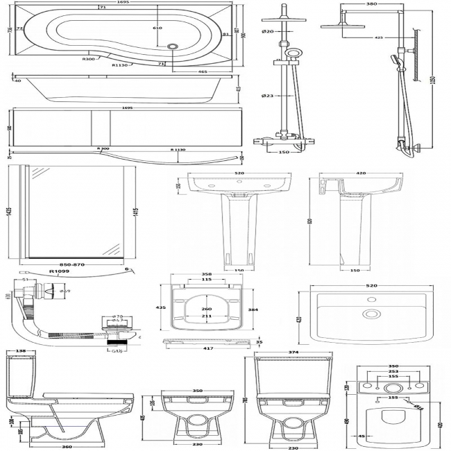 Bliss Complete Bathroom Suite with 1700mm x 735/900mm RH B-Shaped Shower Bath